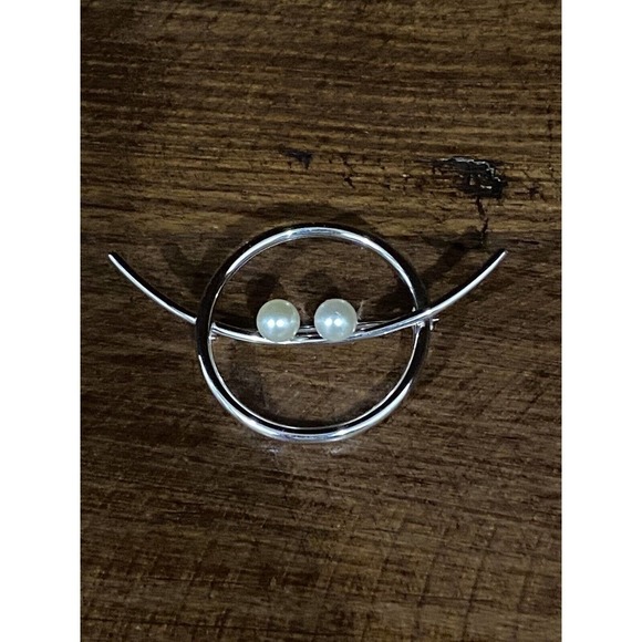 Beau Sterling Pin Faux Pearls Art Deco Geometric Circle Vintage Signed 4.32g - Picture 6 of 6